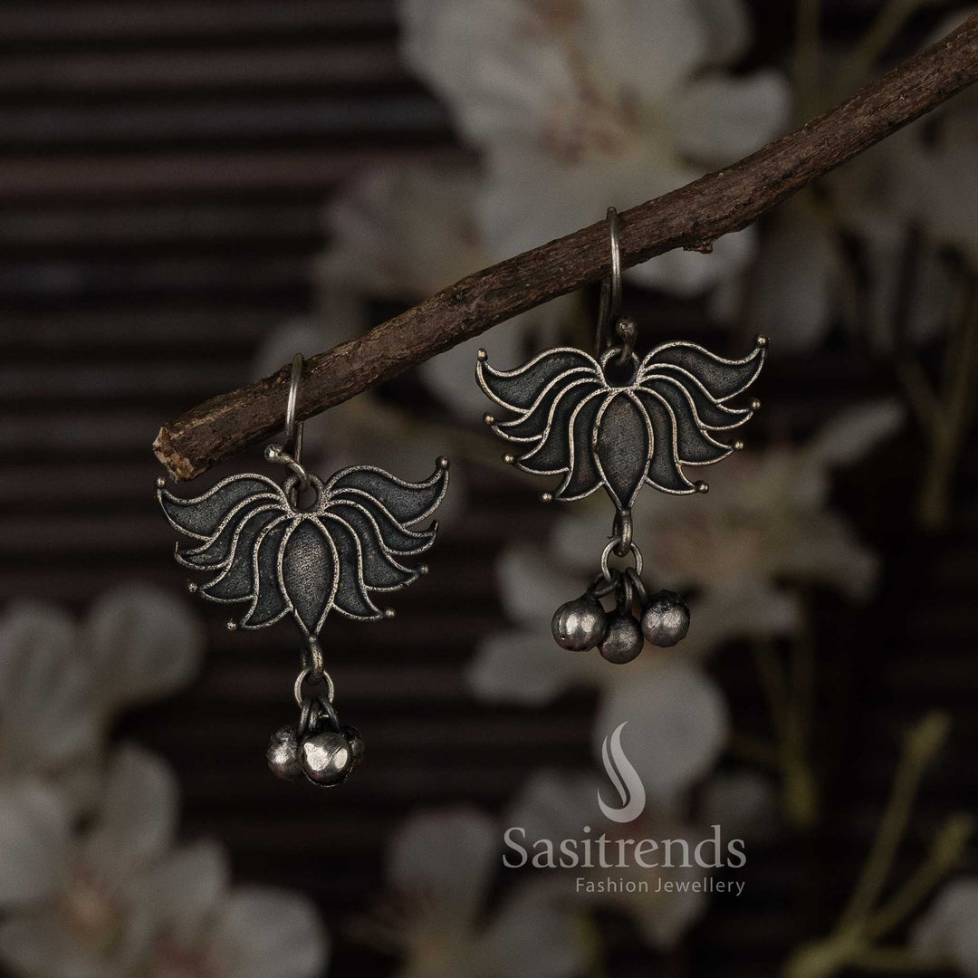 Traditional handcrafted oxidised earrings featuring a lotus motif and fine floral detailing with secure fish hook – elegant ethnic jewellery for girls and women – Sasitrends