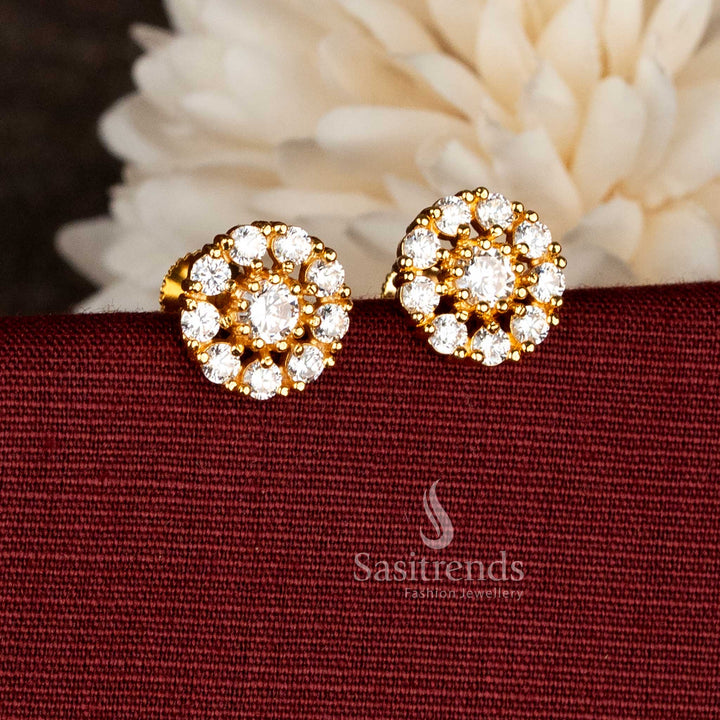 Elegant micro gold plated white round cluster screw type stud earrings providing subtle glow and refined styling for everyday modern outfit enhancement – Sasitrends