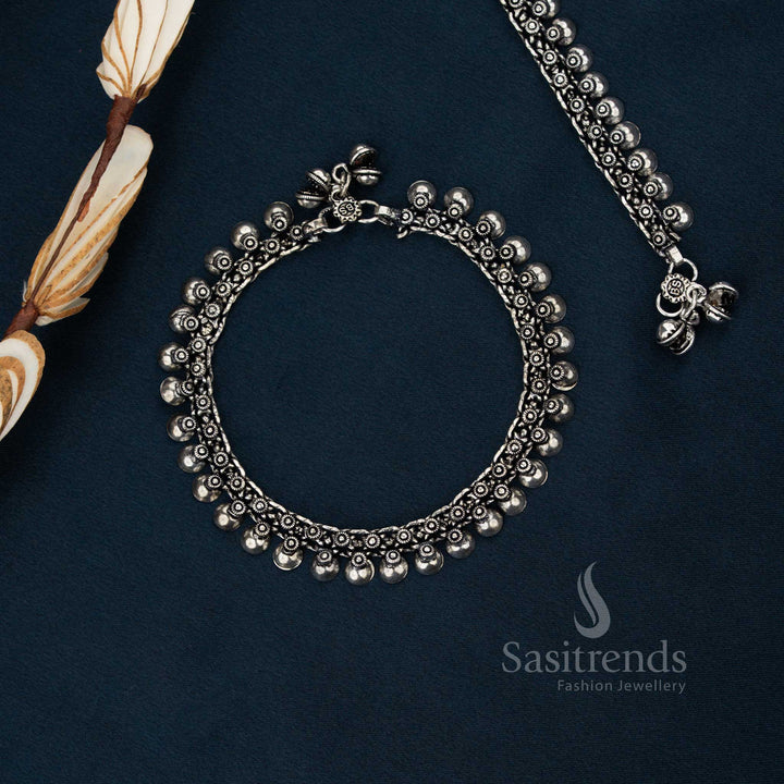 Tribal inspired oxidised German silver round bead anklets perfect for cultural events, festive dressing, and bohemian fashion moods – Sasitrends