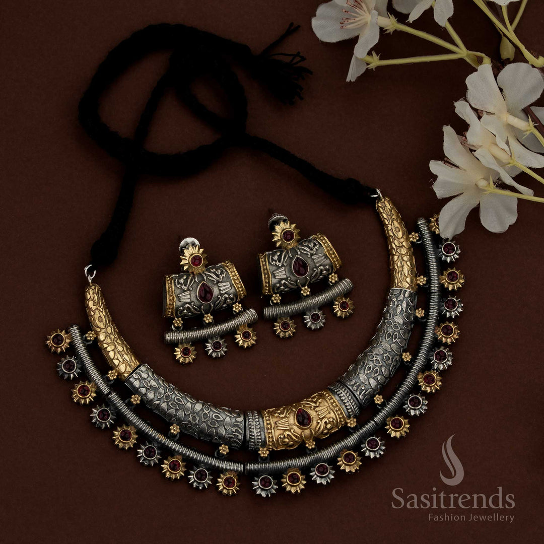 Elegant oxidised ruby crescent chandbali necklace featuring Huslia teardrop stones and sun motif detailing - Sasitrends