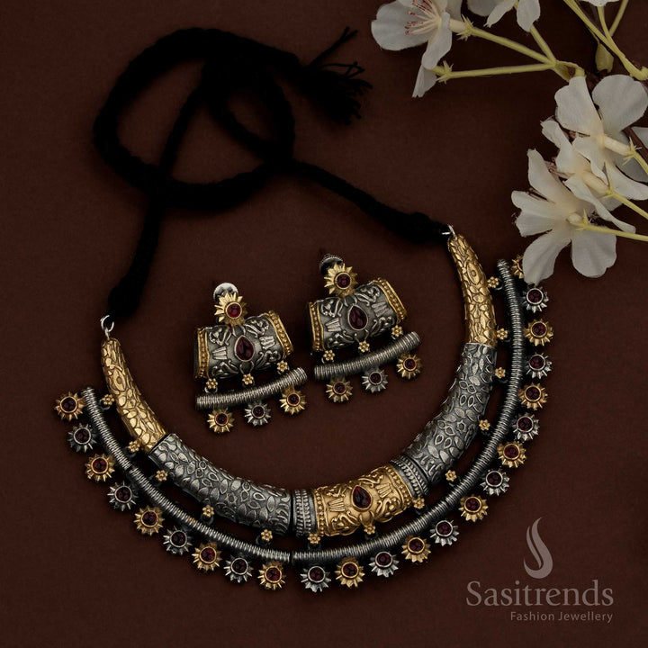 Oxidised Silver Plated Huslia Crescent Chandbali Necklace Set with Teardrop Stones & Sun Motifs for Navaratri & Ethnic Styling