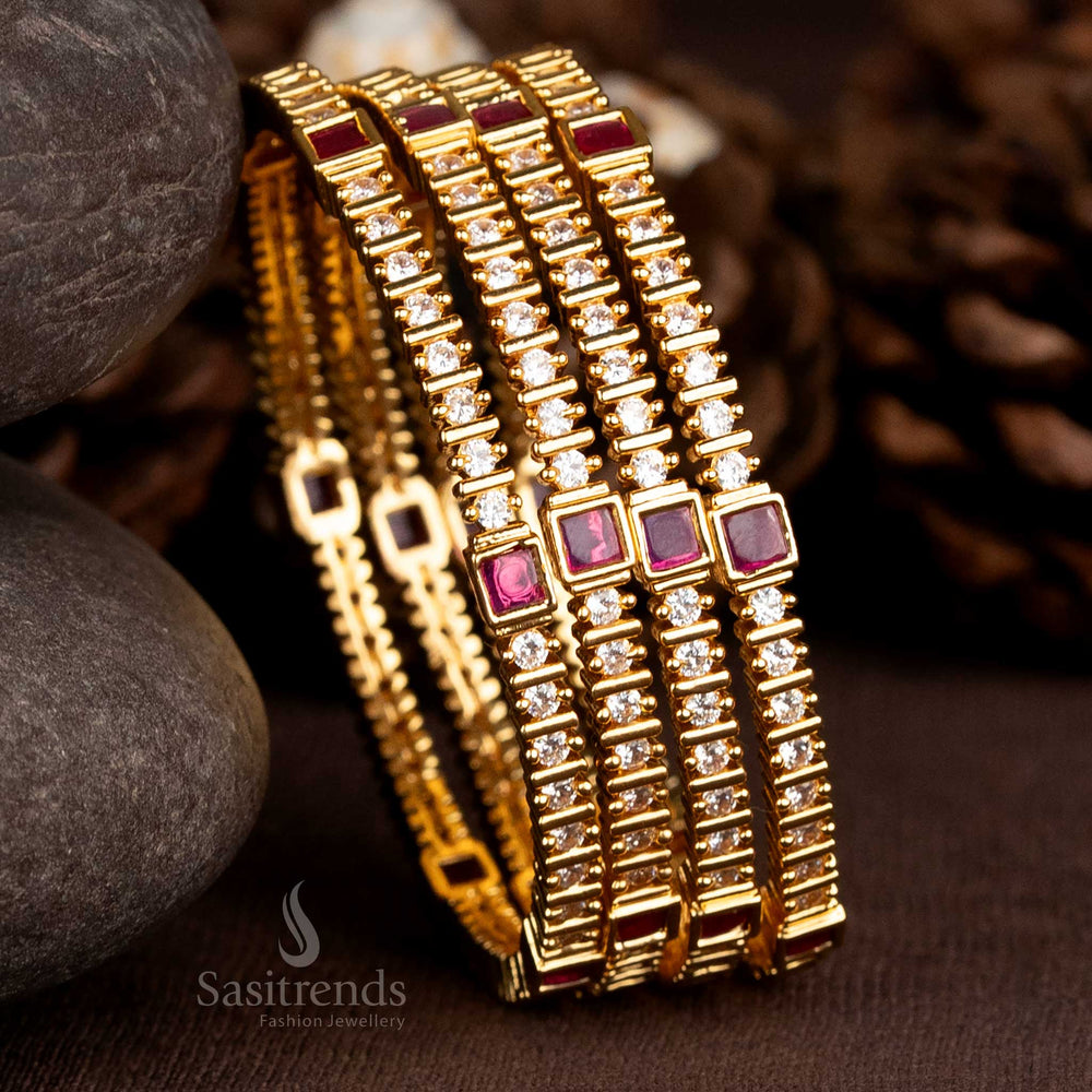 Regal one gram gold plated bangles featuring brilliant white-ruby American diamond stones in a square and round centre pattern, crafted for opulent festive styling – Sasitrends