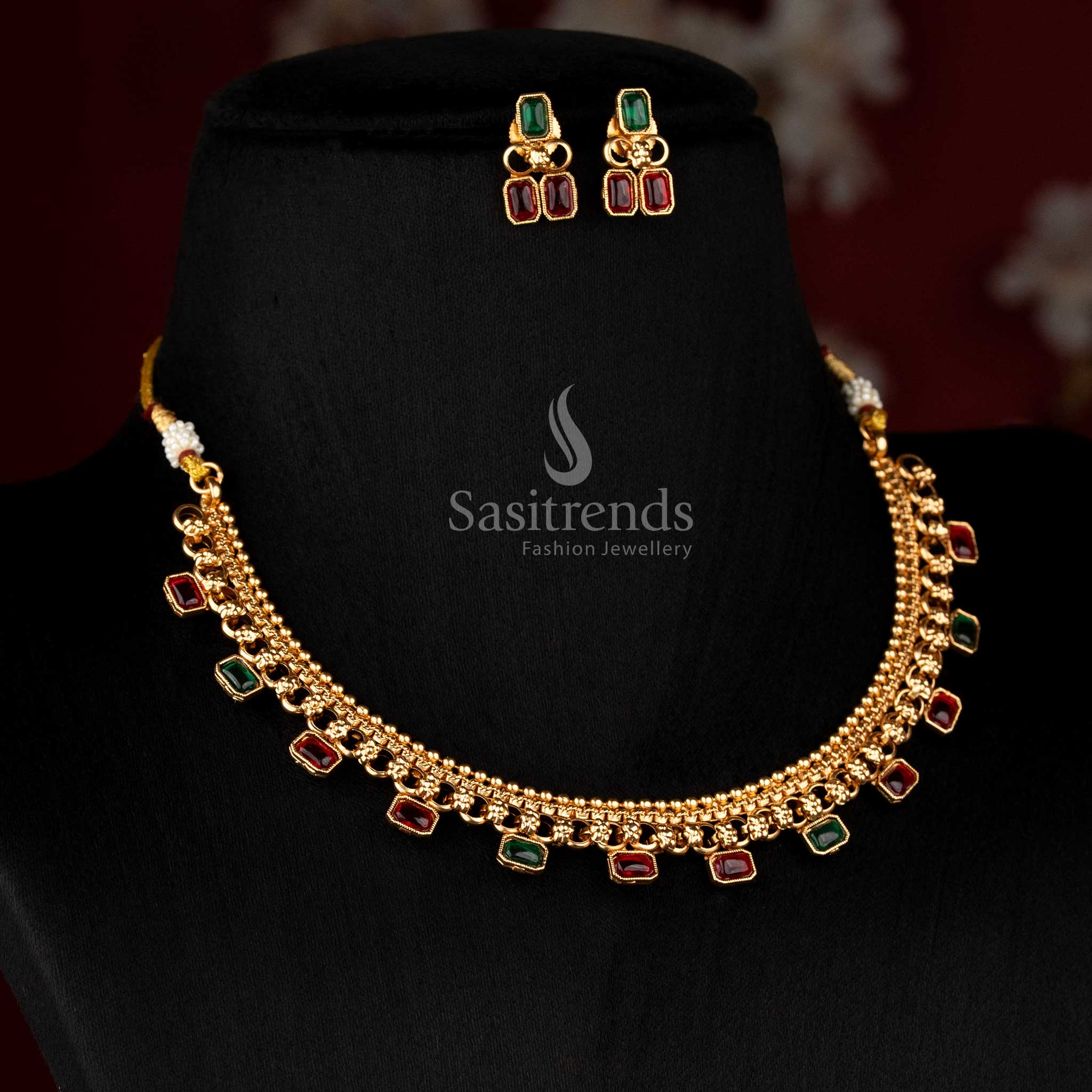 Striking Classic Matte Gold Plated Emerald-Cut Rectangular Stone Choker Necklace Set for Festive Wear - Sasitrends