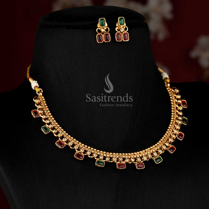 Striking Classic Matte Gold Plated Emerald-Cut Rectangular Stone Choker Necklace Set for Festive Wear - Sasitrends