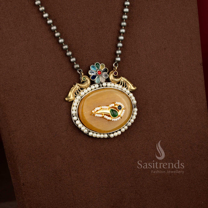Vivid multi dual tone antique oxidised 92.5 silver plated floral peacock pendant necklace – Sasitrends