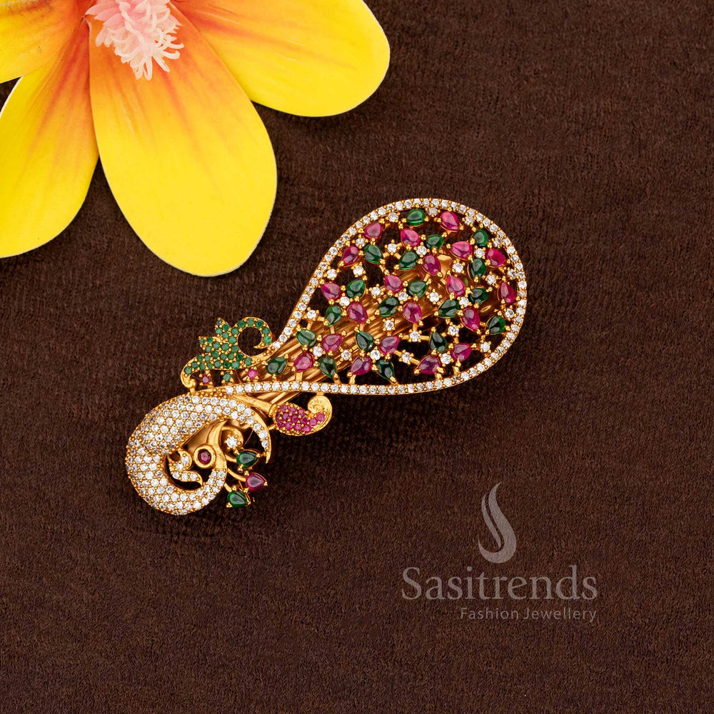 Luxurious matte gold plated American diamond hair clip in multi colour tones, tailored for wedding ceremonies and temple gatherings – Sasitrends