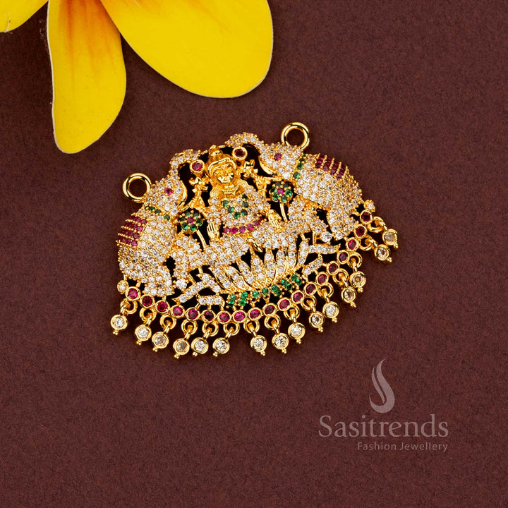 Vibrant micro gold plated pendant featuring dual elephant and Lakshmi motifs, adorned with AD stones and multi-color accents, perfect for temple rituals and wedding ceremonies – Sasitrends