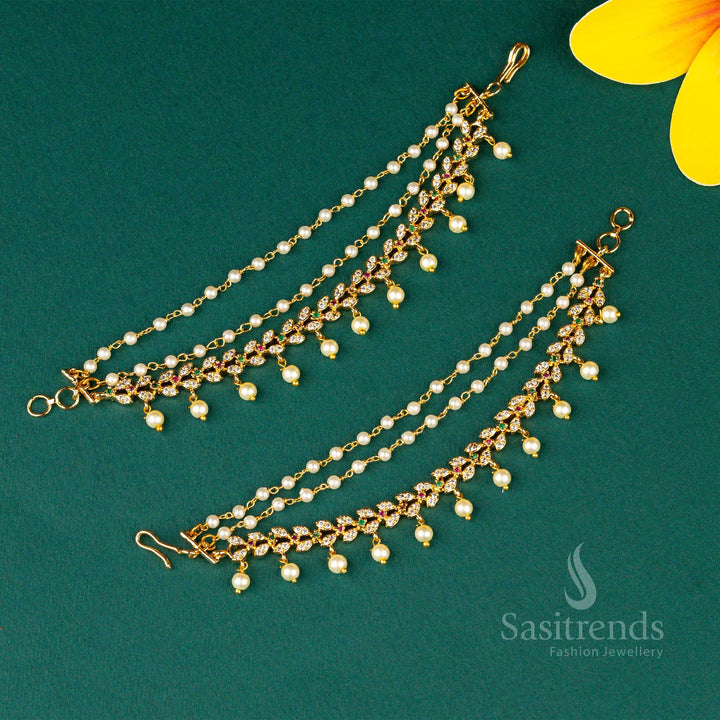 Luxe Micro Gold Plated AD Stone Pearl Matil Ear Chain, Grand Statement Piece Jewellery For Women’s Wedding Wear And Ethnic Style – Sasitrends