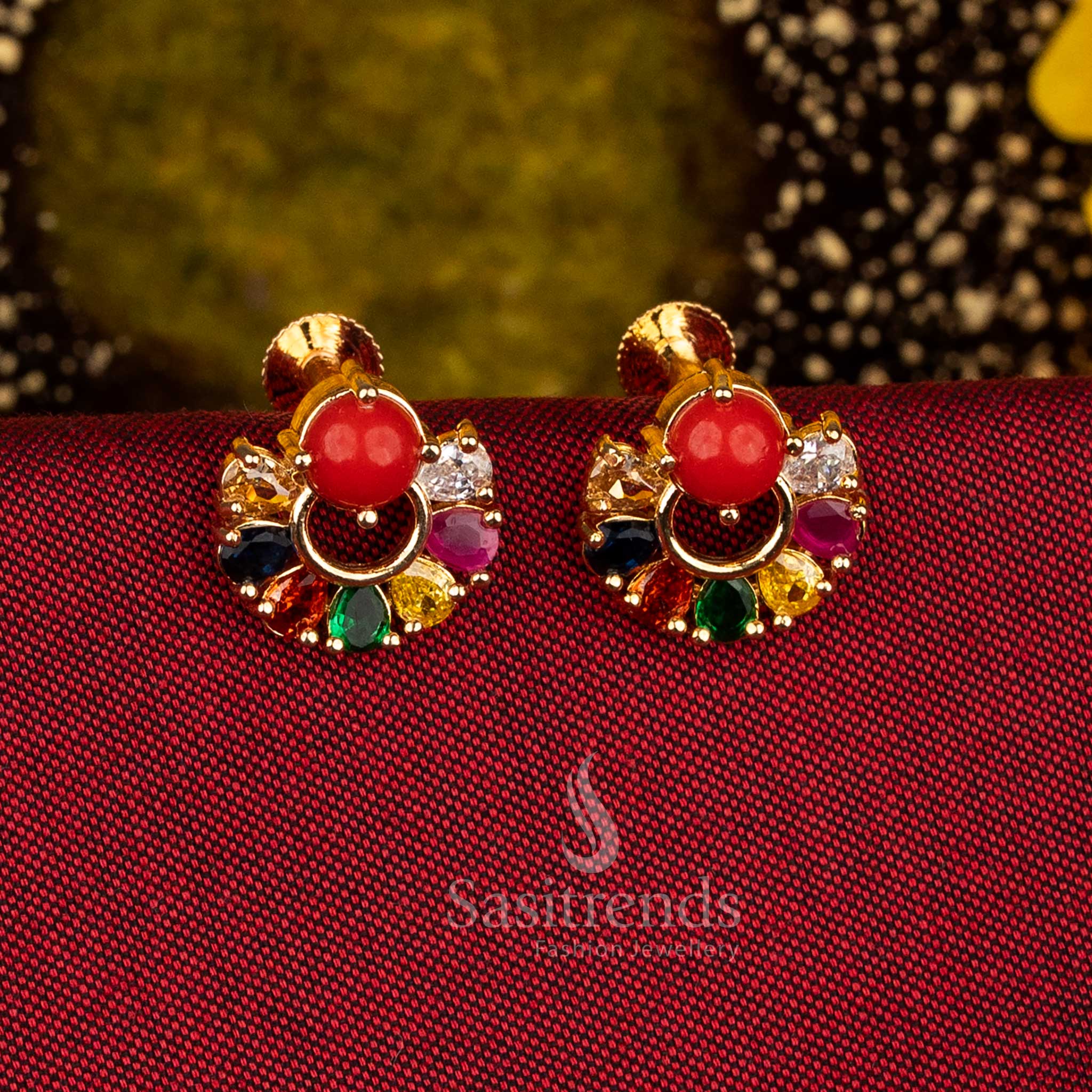 Graceful micro gold plated pavalam navarathnam circular stone stud earrings radiating festive beauty and cultural flair - Sasitrends
