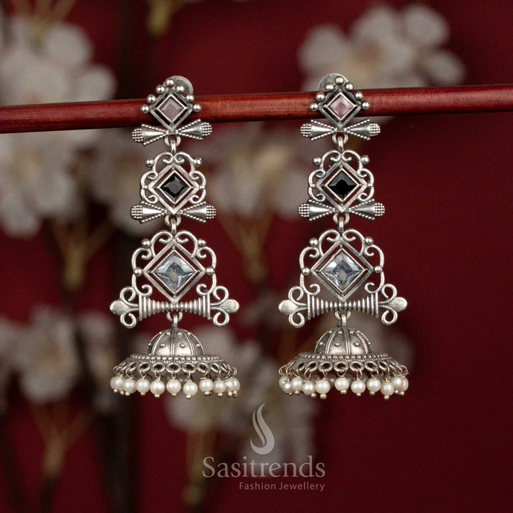 Vibrant multi antique oxidised 92.5 silver geometric stone long jhumka earrings with pearl hangings for ethnic wear - jewellery - Sasitrends