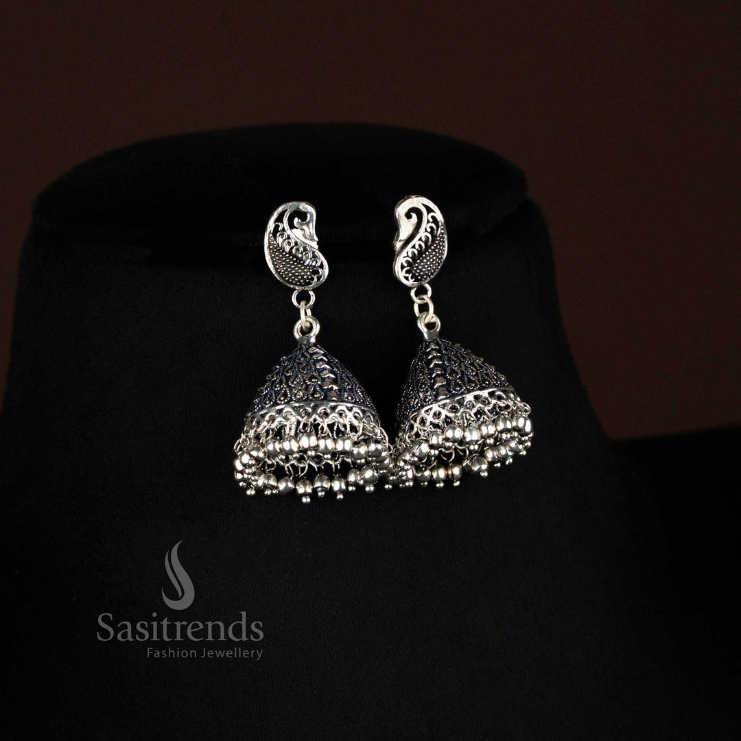 Graceful German Silver Oxidised Jhumka Earrings With Dome Style Danglers And Paisley-Inspired Tops – Designed For Heritage-Inspired Traditional Jewellery Lovers – Sasitrends