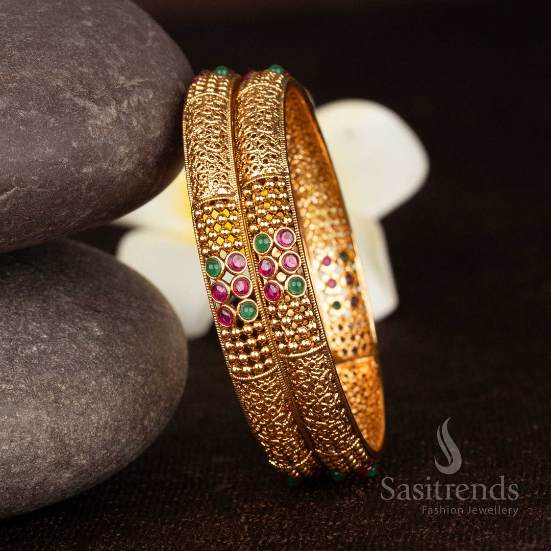 Matte Gold Plated Filigree Bangle with Round Stone Detailing – Sasitrends