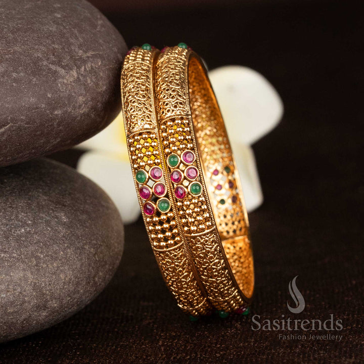 Exquisite Temple Matte Gold Plated Filigree Artistic Bangle with Round Stone Setting and Granulated Detailing
