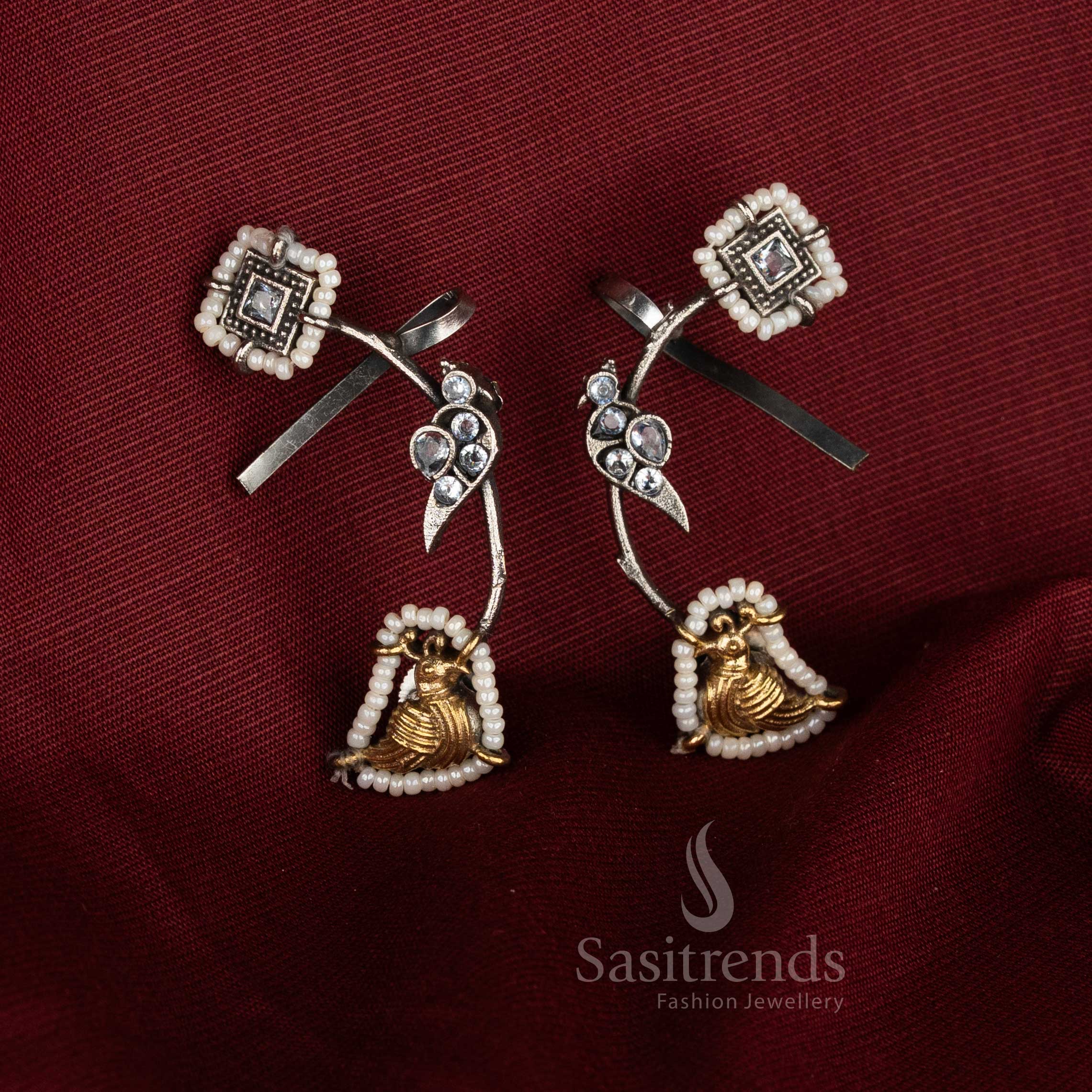 Classic heritage oxidised 92.5 silver dual tone white peacock stone ear cuff earrings for cultural art jewellery - Sasitrends