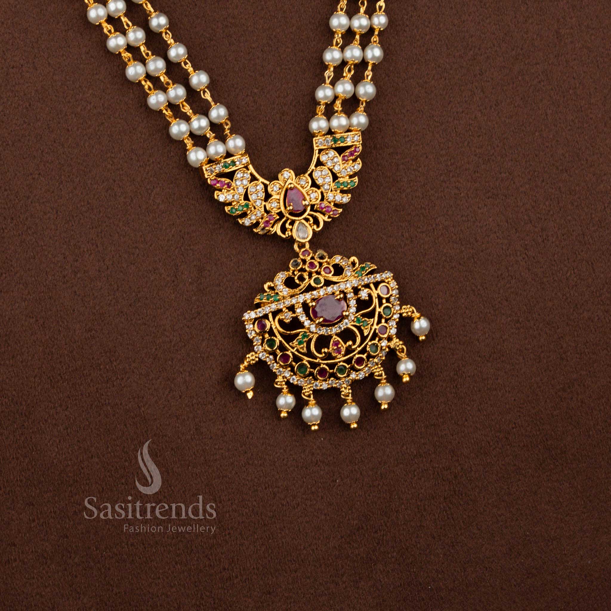 Festive heritage matte gold plated three layer pearl temple haram necklace ideal for grand festive wear and traditional family functions – Sasitrends