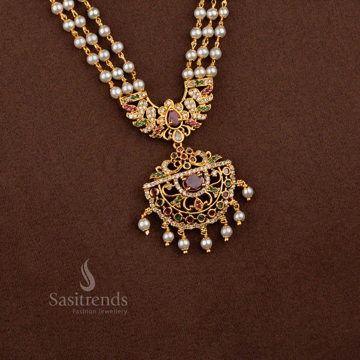 Festive heritage matte gold plated three layer pearl temple haram necklace ideal for grand festive wear and traditional family functions – Sasitrends