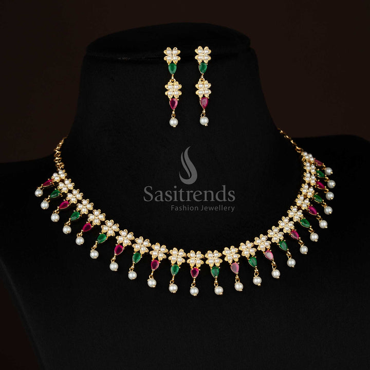 EmeraldBlossom micro gold plated pearl ruby green 4 fringes floral teardrop AD necklace paired with pearl drops for party occasions - Sasitrends