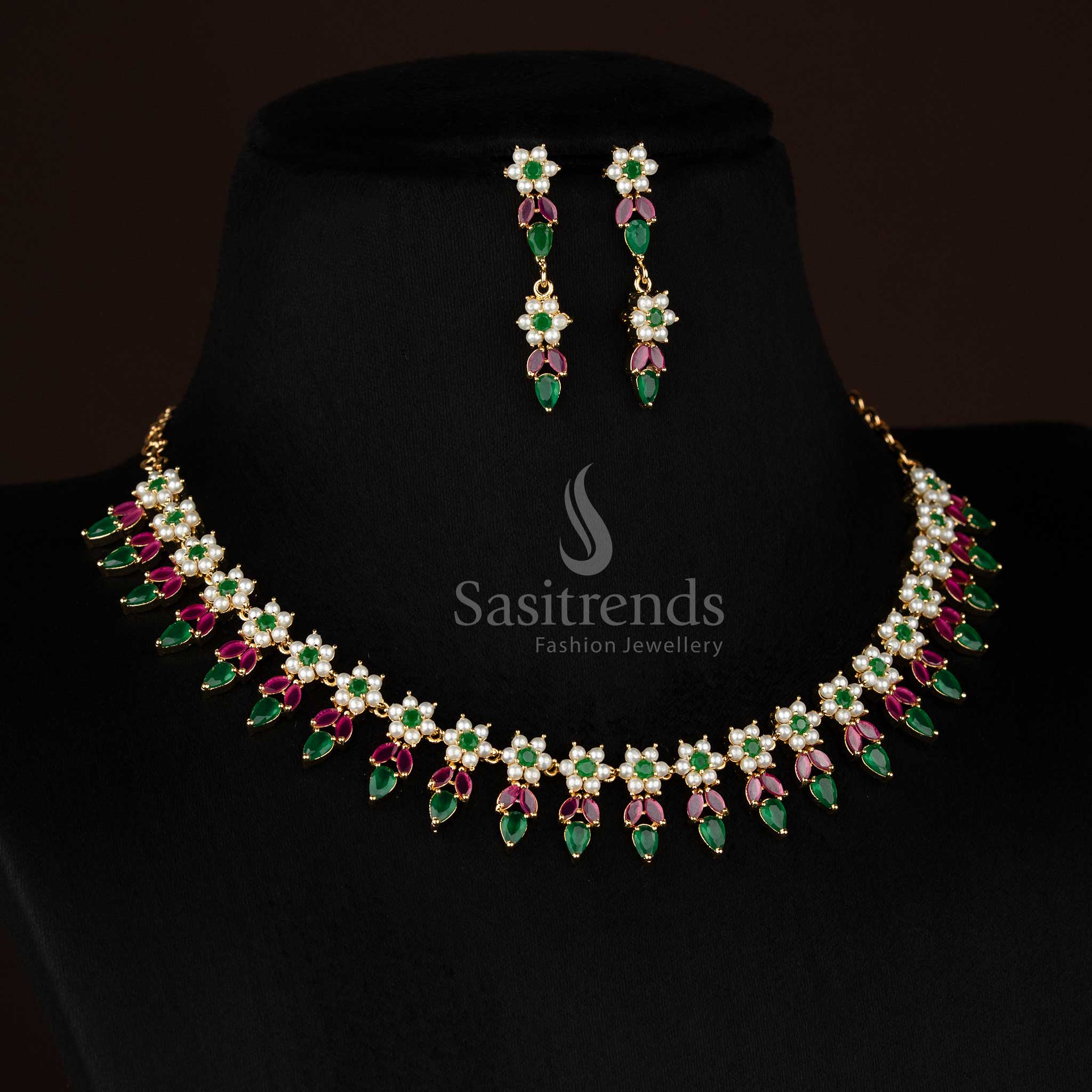 Attractive micro gold plated pearl ruby green American diamond floral leaf teardrop necklace set for party styling - Sasitrends