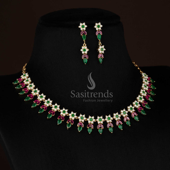 Attractive micro gold plated pearl ruby green American diamond floral leaf teardrop necklace set for party styling - Sasitrends