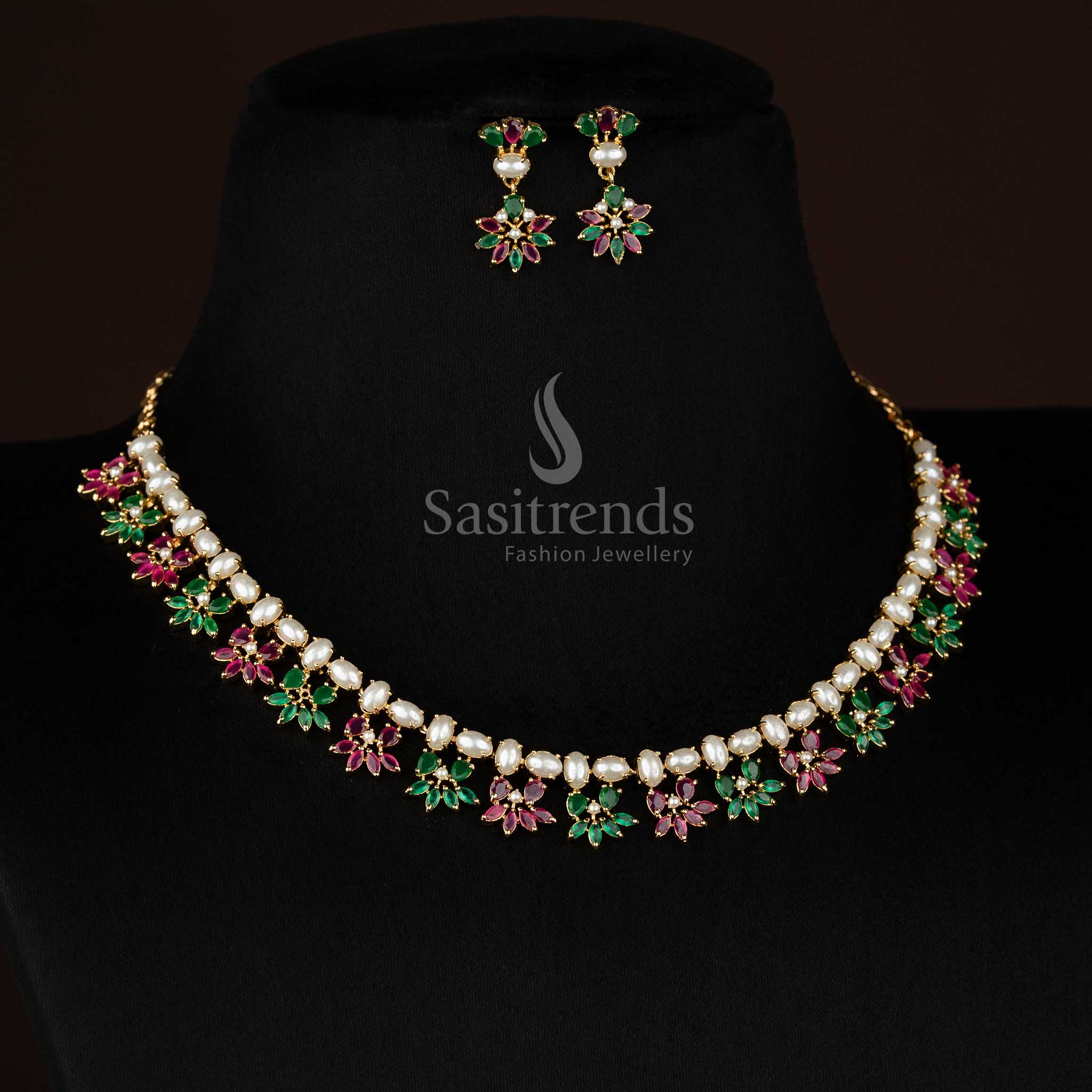Aura micro gold plated pearl ruby green leaf floral oval cluster necklace set designed for elite night gatherings - Sasitrends
