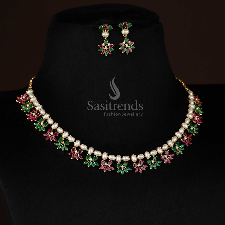 Aura micro gold plated pearl ruby green leaf floral oval cluster necklace set designed for elite night gatherings - Sasitrends