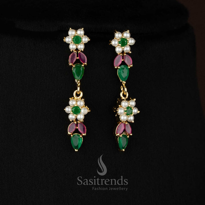RoyalFoliage crafted micro gold plated pearl ruby green floral leaf American diamond earrings for celebration nights - Sasitrends