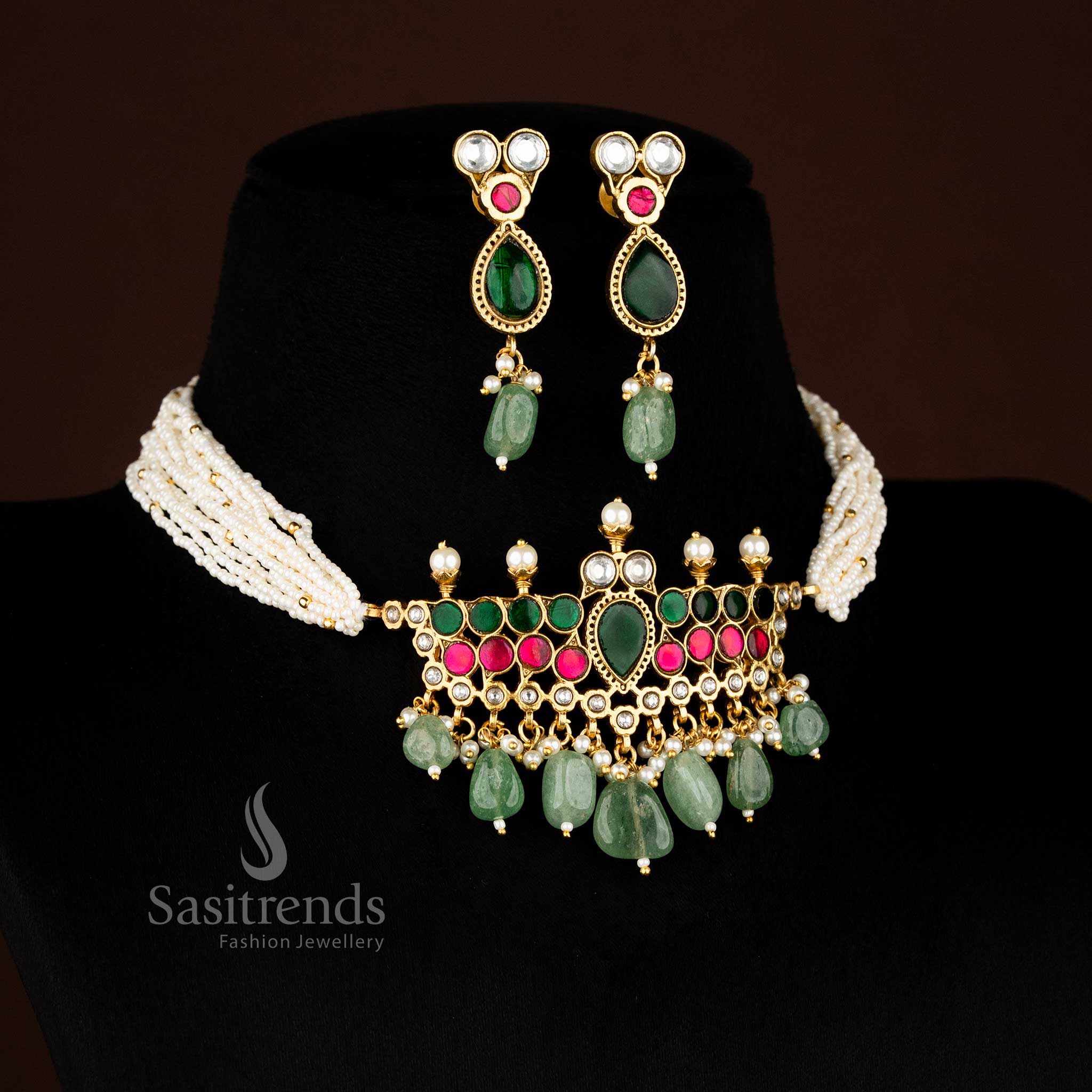 Luminous Jadau gold plated pearl choker necklace adorned with shimmering teardrop stones, perfect for festive gatherings and sophisticated evening wear – Sasitrends