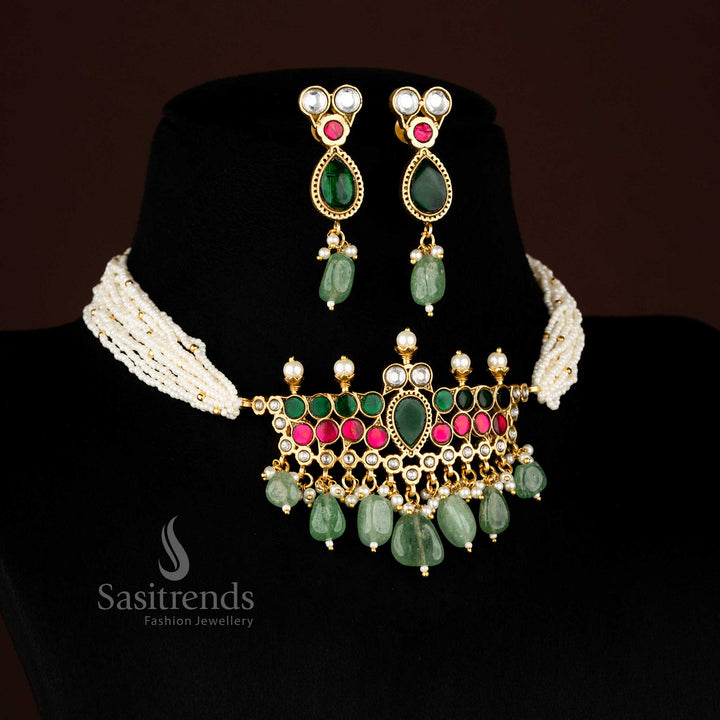 Elegant Jadau Gold Plated Pearl Choker with Teardrop Stone Danglers Necklace Set for Evening & Festive Celebrations