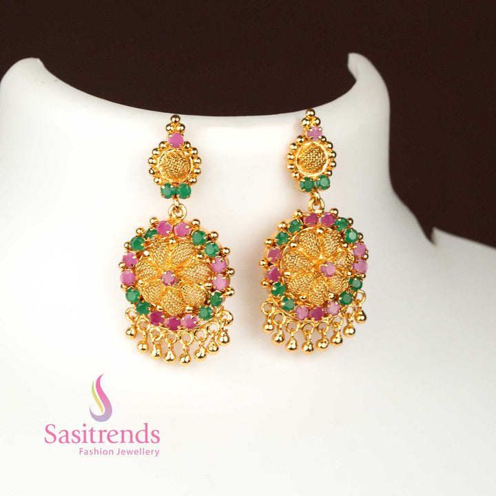 Radiance glow ruby-green circular pendant micro gold plated earrings, enhanced with linked golden beads for sophisticated festive charm – Sasitrends