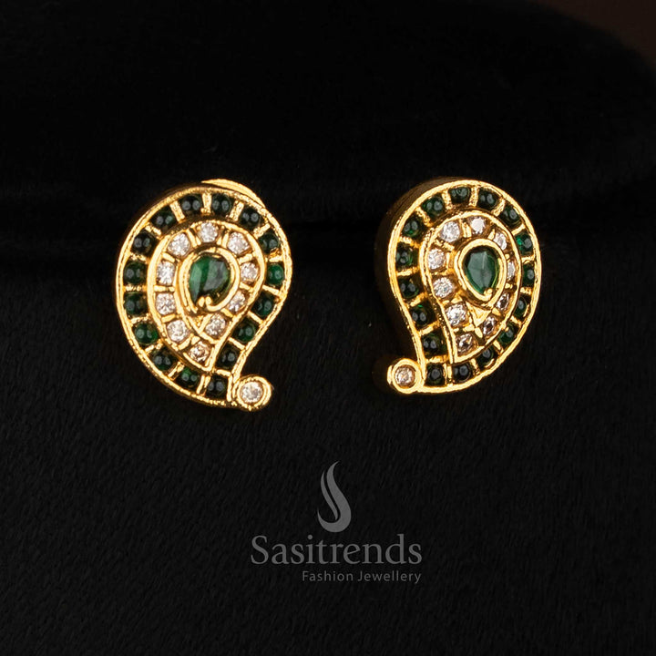 Traditional green white matte gold temple Kemp Lakshmi coin paisley earrings for spiritual functions - Sasitrends