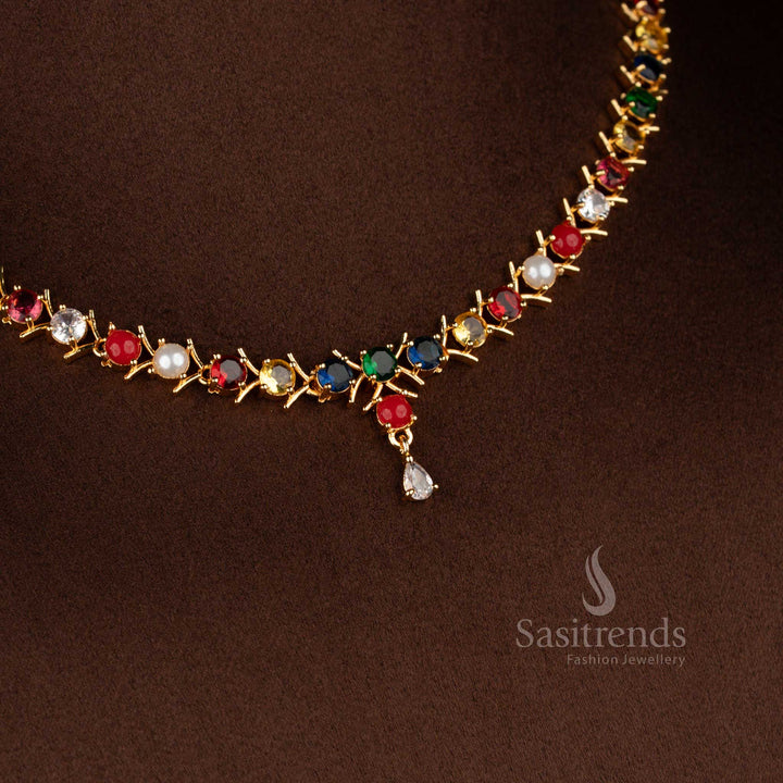 Sacred navarathna micro gold plated American diamond round stone necklace made for cultural celebrations – Sasitrends