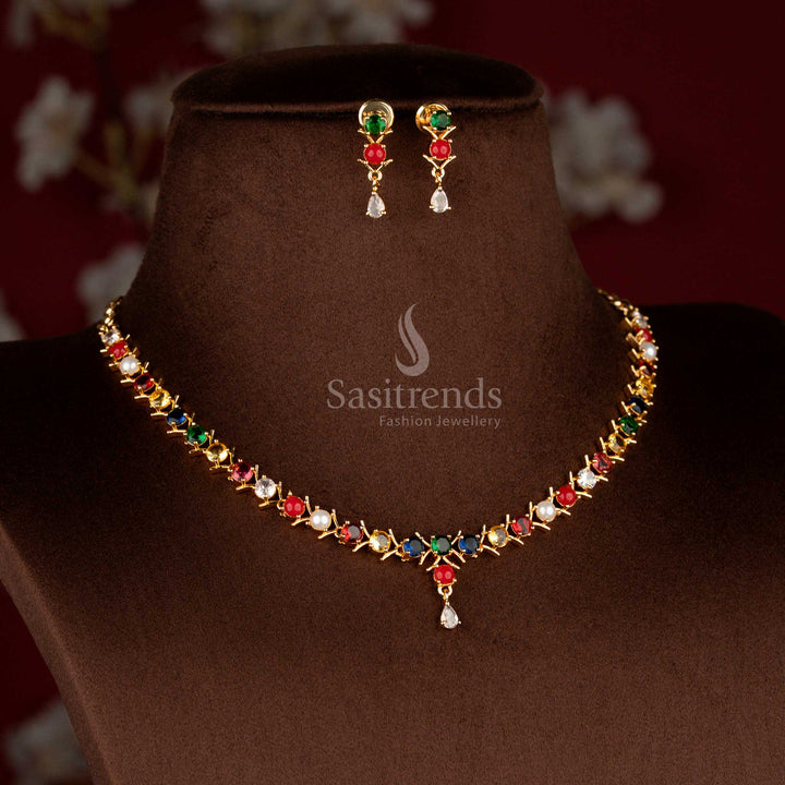Sacred navarathna micro gold plated American diamond V-cut round stone necklace set meant for Navaratri poojas and festive nights – Sasitrends