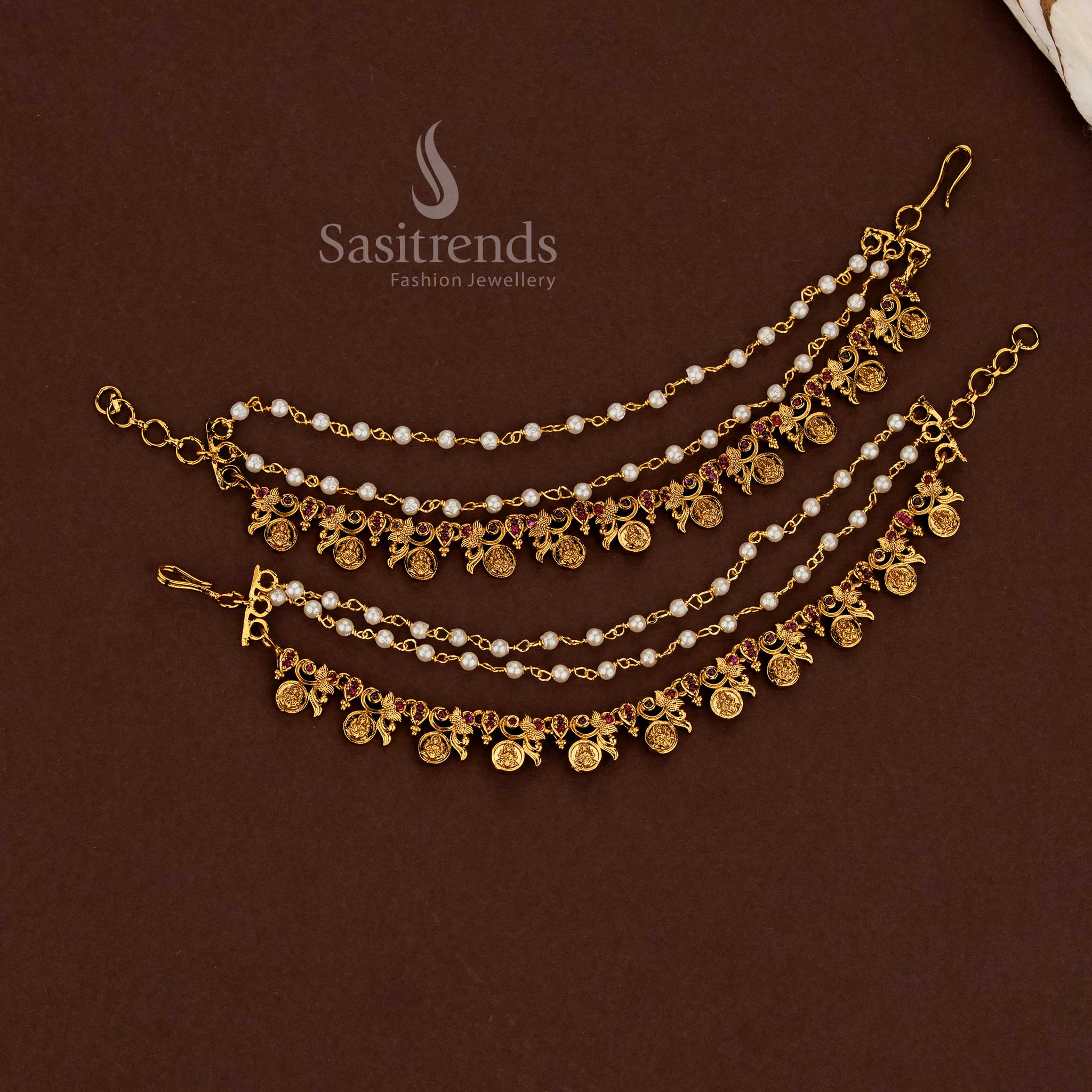 Divinely sculpted Lakshmi temple matte gold plated American diamond matils featuring rich ruby embellishments and soft pearl glow for traditional wedding attire - Sasitrends