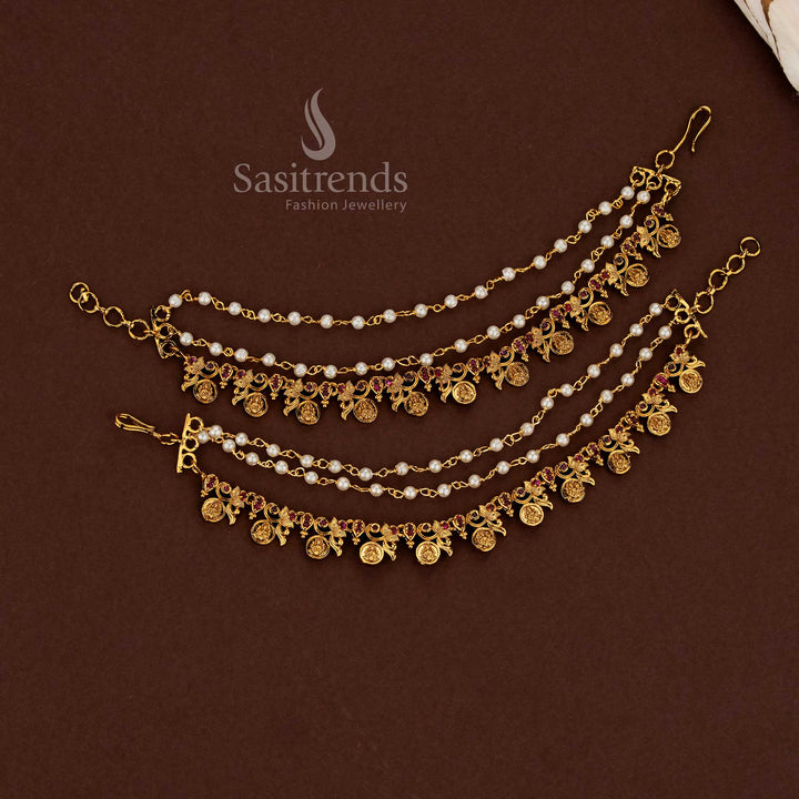 Divinely sculpted Lakshmi temple matte gold plated American diamond matils featuring rich ruby embellishments and soft pearl glow for traditional wedding attire - Sasitrends
