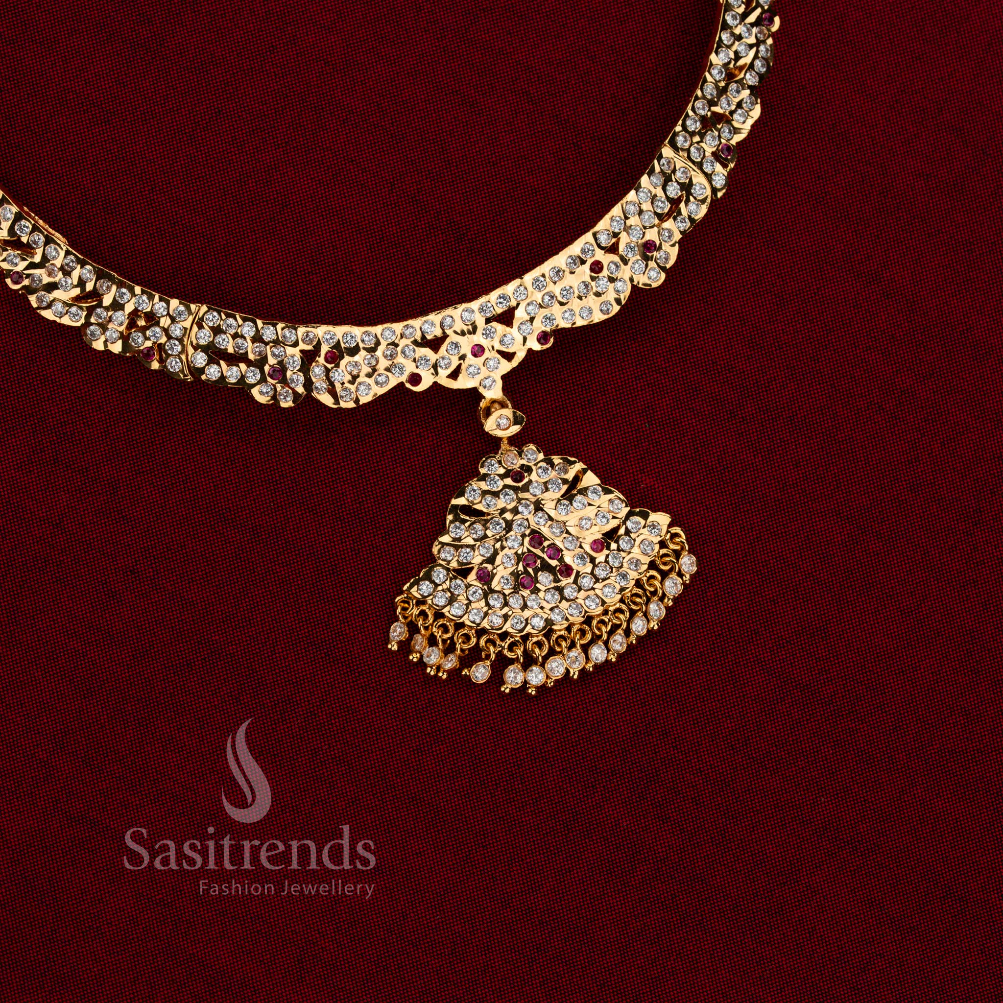 Heritage glimmer impon micro gold plated attigai pathakam necklace white ruby with guaranteed look for temple and bridal moments – Sasitrends