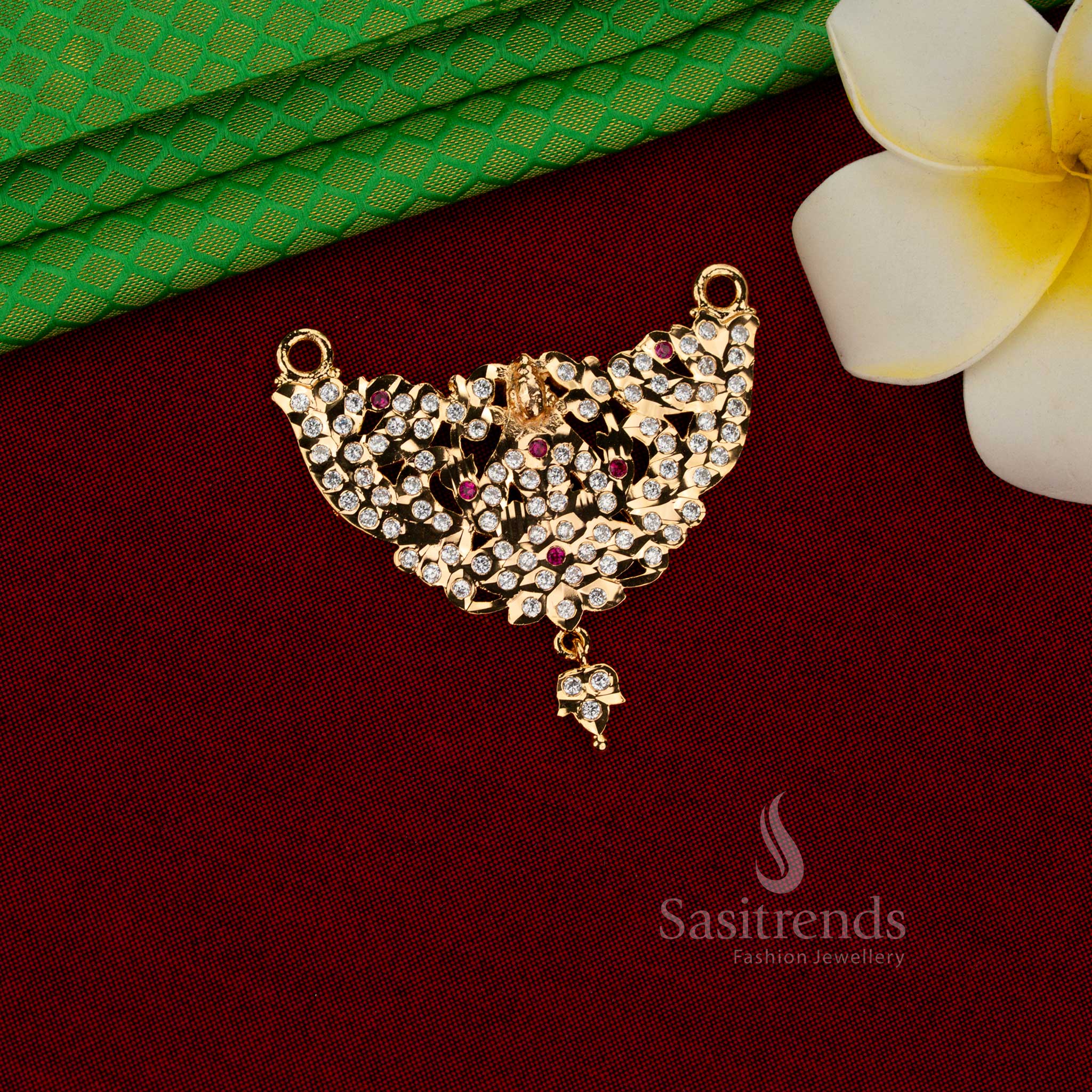Sacred radiance impon micro gold plated Goddess Lakshmi AD stone pendant white ruby ideal for poojas, weddings, and traditional celebrations – Sasitrends