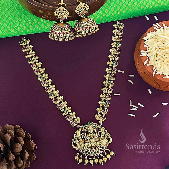 Traditional Bridal Wear Temple Matte Gold Tone Lakshmi Peacock Jewellery Set for Women with Matching Jhumkas | Sasitrends