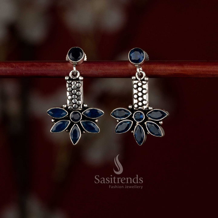 Cobalt blue oxidised silver dangle earrings crafted with a round disc and leaf column extension – Sasitrends