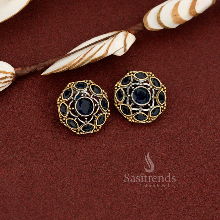 Ocean depth blue antique oxidised round lattice circle stone earrings ideal for trendy daily wear and evening styling – Sasitrends