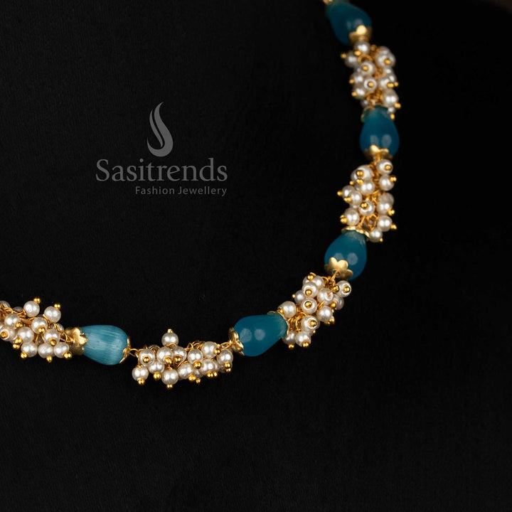 Serene micro gold plated sky blue beads pearl cluster mala necklace created for ceremonial occasions and elegant wear-Sasitrends