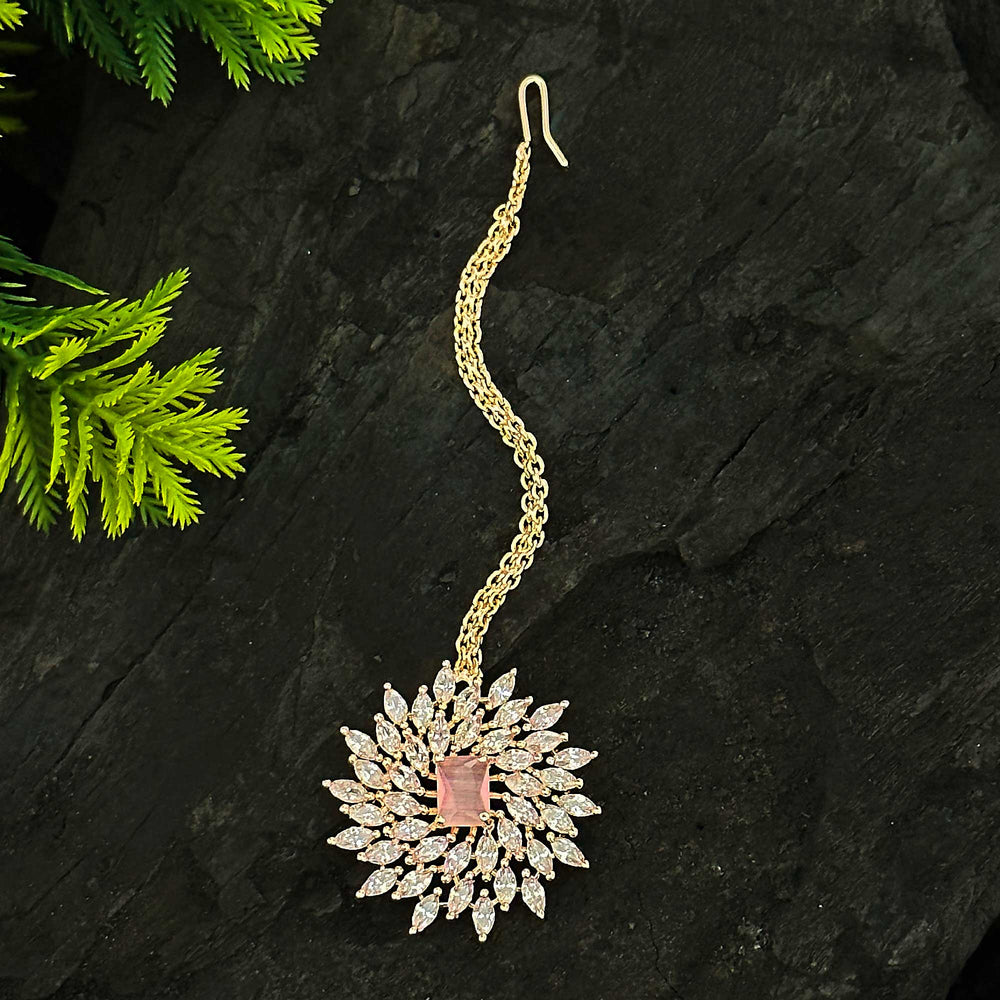 Charming Rose Gold Plated Maang Tikka with Pink Stones | Floral Motif & American Diamonds