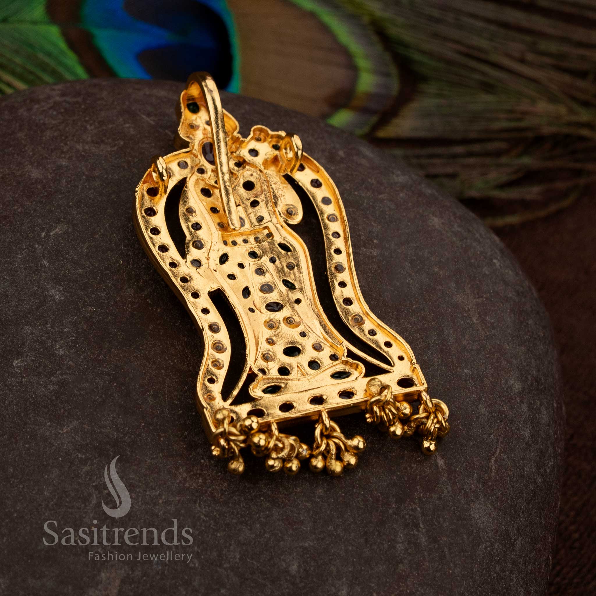 Sacred matte gold multi colour Lord Venkateswara temple pendant enhanced with American diamond stones and bead drops - Sasitrends