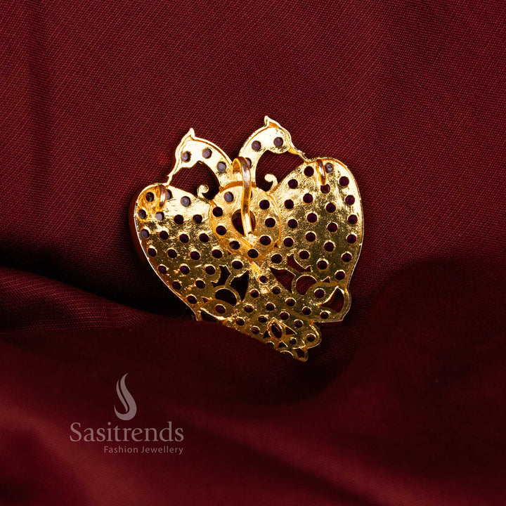  Micro Gold Plated Gandaberunda Pendant with Peacock and Heart Motif Kemp Stones, Ideal for Festive Cultural Jewellery – Sasitrends