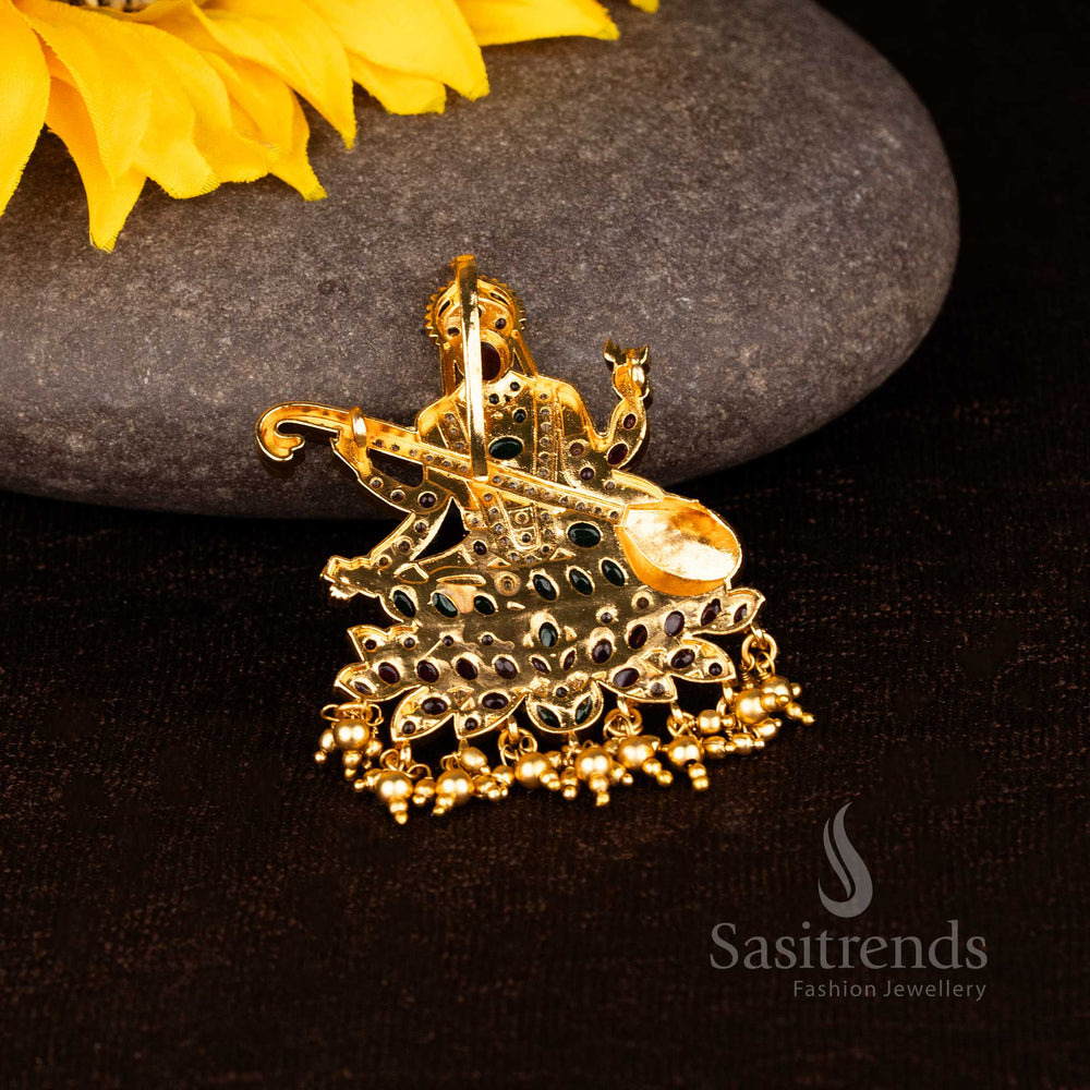 Divine harmony matte gold plated temple pendant featuring Goddess Saraswathi with AD Kemp stones and veena motif for multi-colour festive charm - Sasitrends