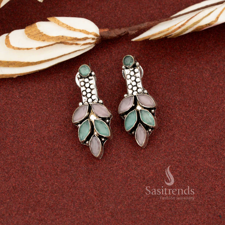 Balanced pink mint oxidised marquise leaf cluster stone earrings ideal for modern office co-ordination and smart casual wear – Sasitrends