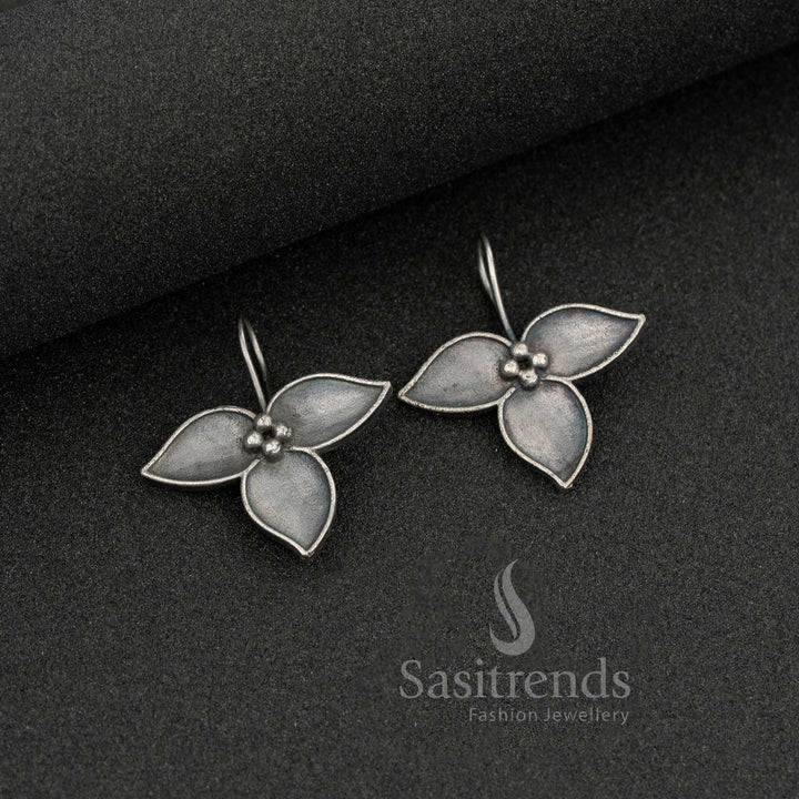 Antique Oxidised Silver Triple Petal Floral Earrings for Daily Wear and Minimal Ethnic Style – Sasitrends
