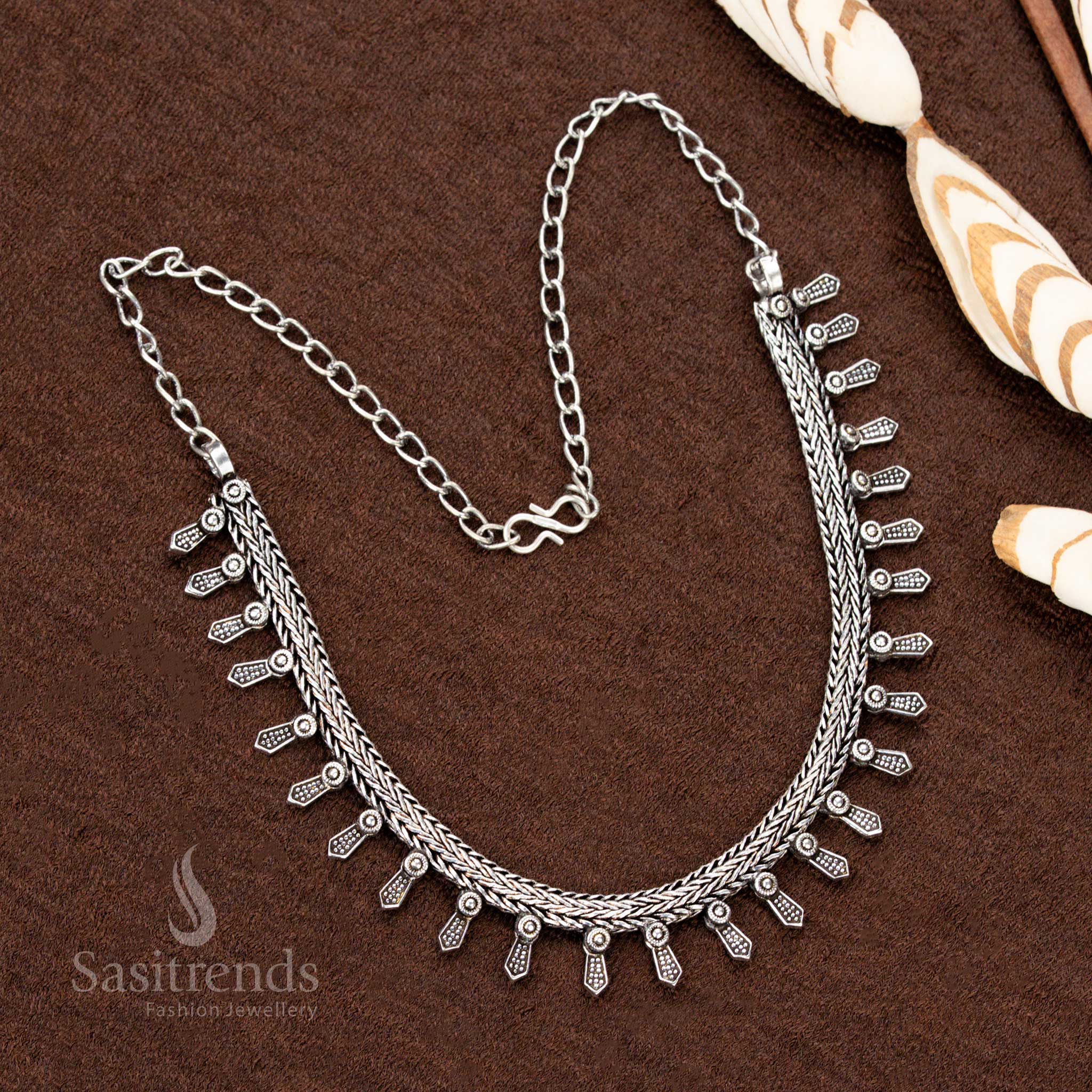 oxidised German silver tribal necklace with drop-style elements and chain clasp, an exquisite choice for cultural events, ethnic outfits - Sasitrends