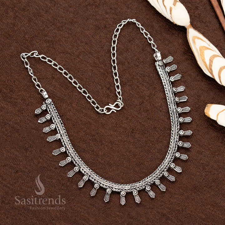 Tribal Design Oxidised German Silver Necklace with Intricate Hanging Motifs and Chain Closure – Perfect for Navaratri and Traditional Saree Wear - Sasitrends