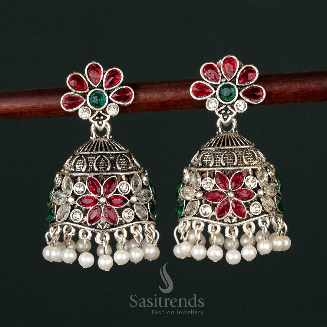 Oxidised Floral Jhumka Earrings with Pearl Drops for Ethnic Wear - Sasitrends