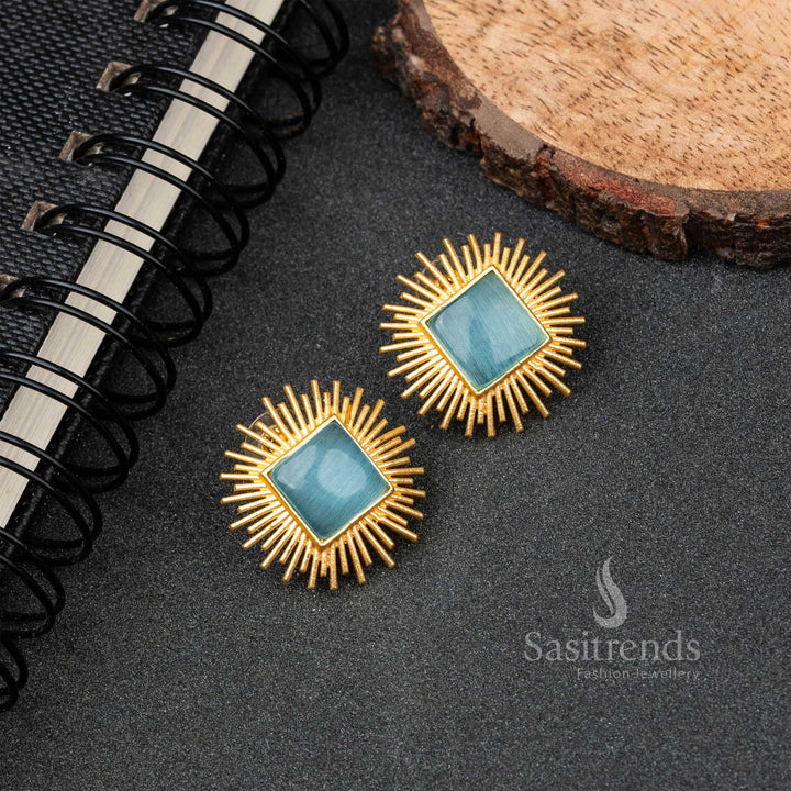 Beautiful Gold Plated Sky Blue Rectangle Monalisa Stone Push Back Earrings 
